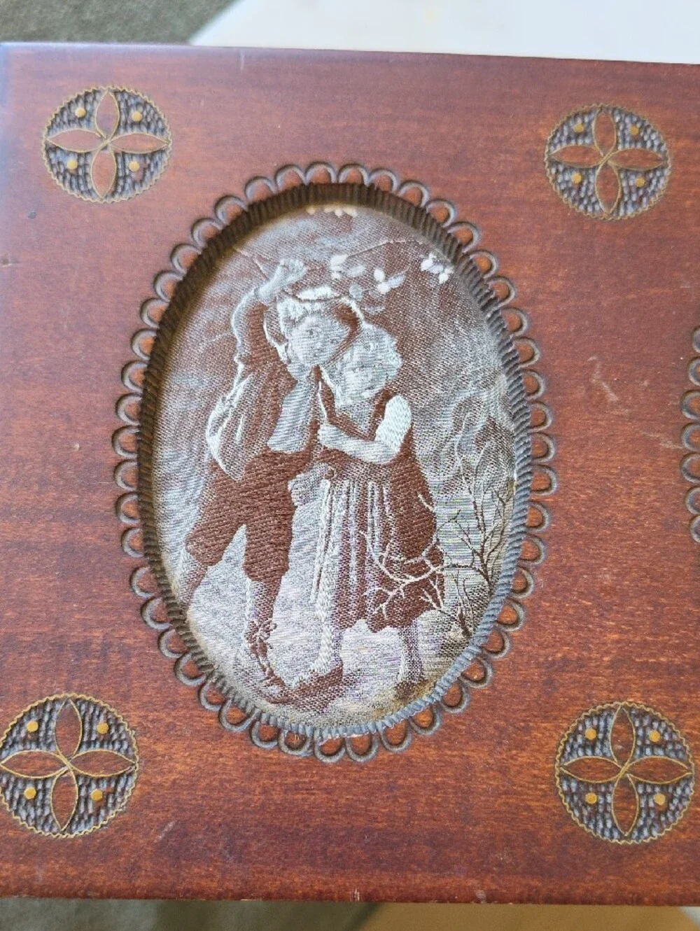 Vintage Polish Brown Wooden Trinket Box with Silk Print Insets